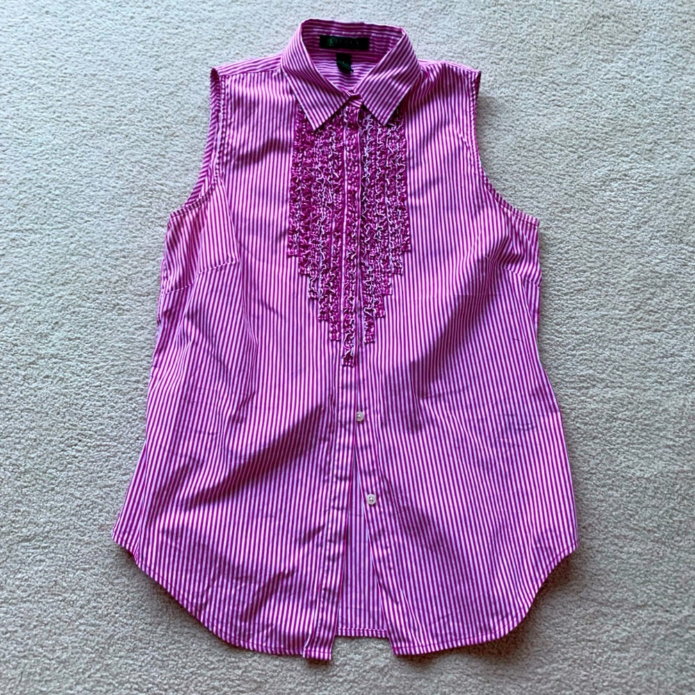 Lauren Ralph Lauren tuxedo ruffle pink stripe top